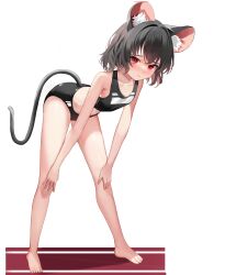  1girl absurdres alternate_costume animal_ear_fluff animal_ears bare_arms bare_legs bare_shoulders barefoot bent_over black_buruma blush breasts buruma closed_mouth collarbone commentary crossed_bangs dobostorte eyebrows_hidden_by_hair eyelashes feet frown full_body grey_hair hair_between_eyes hands_on_own_knees highres looking_at_viewer medium_hair mouse_ears mouse_girl mouse_tail nazrin raised_eyebrows red_eyes shy simple_background small_breasts solo sports_bra standing tail touhou tsurime white_background 
