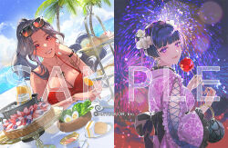  2girls aerial_fireworks arm_rest bag beach bikini black_hair black_sash blueberry blunt_bangs bottle bowl bracelet braid braided_bun breasts cake cake_slice cake_stand candy_apple cleavage cloud copyright_notice cross-laced_clothes cup dangle_earrings dark-skinned_female dark_skin day earrings eyeshadow eyewear_on_head fireworks floral_print flower food frilled_sleeves frills from_side fruit fruit_tart grin hair_bun hair_flower hair_intakes hair_ornament halterneck handbag hardboiled_egg head_rest holding holding_bag holding_cup holding_food hoop_earrings ice_bucket japanese_clothes jewelry juice kimono large_breasts lens_flare light_particles long_hair long_sleeves looking_at_viewer looking_to_the_side makeup meloco_kyoran mole mole_on_breast mole_under_eye multicolored_hair multiple_girls nail_polish night nijisanji nijisanji_en obi official_art orange_juice orchid palm_tree parted_bangs pendant pink_eyeshadow pink_lips plate ponytail purple_eyes purple_hair purple_kimono purple_nails red_bikini red_eyes red_nails salad sample_watermark sandwich sash scarle_yonaguni scone see-through see-through_sleeves single_hair_bun smile split_screen strawberry streaked_hair sunglasses swimsuit table tablecloth takashi_(huzakenna) tart_(food) tea teacup tiered_tray tree upper_body virtual_youtuber watermark wavy_hair white_flower wooden_bowl yukata 