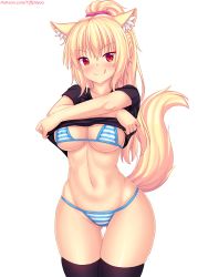 1girl animal_ear_fluff animal_ears bikini black_thighhighs blonde_hair blush breasts cat_ears cat_tail clothes_lift cowboy_shot gluteal_fold highres large_breasts long_hair looking_at_viewer nottytiffy original ponytail red_eyes shirt_lift slit_pupils smile solo striped_bikini striped_clothes swimsuit tail thighhighs tiffy_(nottytiffy) v-shaped_eyebrows watermark web_address white_background rating:Sensitive score:65 user:danbooru