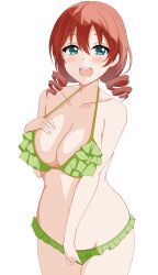  1girl absurdres alternate_hairstyle aqua_eyes bikini blush breasts brown_hair cleavage drill_hair emma_verde freckles green_bikini hand_on_own_chest highres large_breasts looking_at_viewer love_live! love_live!_nijigasaki_high_school_idol_club medium_hair miya_anko navel open_mouth simple_background smile solo standing swimsuit twin_drills white_background 