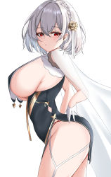  1girl absurdres aqua_dress arms_behind_back azur_lane braid breasts closed_mouth dress feet_out_of_frame flower from_side gloves grey_hair hair_flower hair_ornament hairclip highres large_breasts leaning_forward looking_at_viewer match_(scp115) official_alternate_costume red_eyes short_hair sideboob sirius_(azur_lane) sirius_(azure_horizons)_(azur_lane) solo standing thighs white_background white_gloves  rating:Sensitive score:36 user:danbooru
