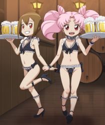  2girls absurdres alcohol barrel beer beer_mug bikini bishoujo_senshi_sailor_moon brown_hair chibi_usa collar company_connection cup digimon digimon_adventure female_focus flat_chest full_body grin high_heels highres lantern loli maid maid_bikini mug multiple_girls nipples pink_hair red_eyes shoes short_hair slave smile standing standing_on_one_leg swimsuit the_dark_mangaka toei_animation tray twintails unconventional_maid voice_actor_connection wrist_cuffs yagami_hikari  rating:Questionable score:318 user:Twili007