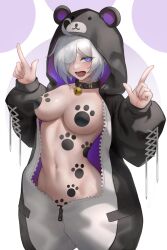  1girl angel_(kof) animal_costume animal_ears animal_hood animal_print arc2urus bear_costume bear_ears bear_hood bear_pajamas bear_print bell blue_eyes breasts cleavage collar collarbone fake_animal_ears hair_over_one_eye hair_through_hood highres hood hood_up hooded_pajamas horns_pose index_fingers_raised large_breasts long_sleeves looking_at_viewer midriff navel neck_bell no_bra no_panties onesie open_clothes open_mouth open_pajamas pajamas paw_pasties short_hair smile snk solo the_king_of_fighters toned two-tone_pajamas underwear unzipped white_hair 