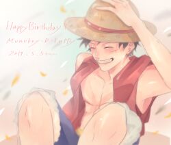  1boy ^_^ absurdres black_hair blue_shorts character_name closed_eyes commentary_request dated hand_on_headwear happy_birthday hat highres male_focus monkey_d._luffy one_piece open_clothes open_shirt red_shirt ritsuki_mei scar scar_on_chest scar_on_face shirt short_hair shorts sitting sleeveless sleeveless_shirt smile solo straw_hat 