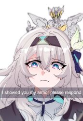  1girl 1other akashicelegy armor artist_name bow collared_shirt commentary english_commentary english_text fake_phone_screenshot fake_screenshot firefly_(honkai:_star_rail) frown grey_hair hair_bow hairband highres honkai:_star_rail honkai_(series) i_showed_you_my_dick_please_respond_(meme) long_hair looking_at_viewer meme portrait purple_eyes sam_(honkai:_star_rail) shirt signature simple_background snapchat thumbs_up white_background 