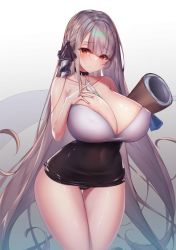  1girl alternate_costume areola_slip azur_lane bare_shoulders between_breasts black_choker black_panties blush breasts choker cleavage closed_mouth covered_erect_nipples covered_navel dress formidable_(azur_lane) geonjeonji gradient_background grey_hair hair_down hair_ribbon highres huge_breasts long_hair looking_at_viewer neckwear_between_breasts office_lady panties red_eyes ribbon solo thighs twintails two-tone_dress underwear very_long_hair  rating:Questionable score:85 user:danbooru