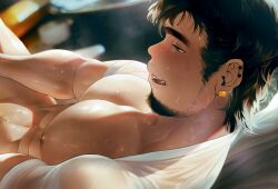  1boy bad_tag bara bare_pectorals blush bottomless clothes_lift ear_piercing earrings facial_hair from_side half-closed_eyes highres isuke jewelry large_pectorals licking_lips male_focus male_masturbation masturbation medium_sideburns muscular muscular_male mustache_stubble nipples nose_blush original out-of-frame_censoring paid_reward_available parted_lips pectorals piercing profile see-through shirt_behind_neck shirt_lift sideburns_stubble solo sparse_navel_hair stubble sweat sweaty_clothes thick_eyebrows tongue tongue_out torogao very_sweaty wet wet_hair 