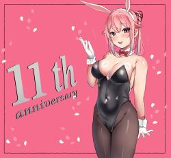  1girl absurdres alternate_costume animal_ears anniversary black_leotard black_pantyhose bow bowtie breasts cleavage covered_navel detached_collar gloves hair_flaps harusame_(kancolle) highres kantai_collection leotard long_hair medium_breasts pantyhose pink_eyes pink_hair playboy_bunny rabbit_ears red_bow red_bowtie side_ponytail solo strapless strapless_leotard tf_cafe white_gloves wrist_cuffs 