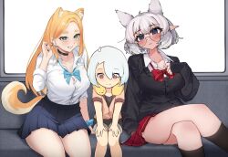  age_difference auraaa blush bow bowtie breasts cleavage fran_(gudanco_(nyanmeowzer)) glasses gudanco_(nyanmeowzer) highres large_breasts lorel_(auraaa) namiorii onee-shota original pointy_ears skirt thick_thighs thighs  rating:Sensitive score:32 user:danbooru