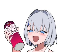  1boy :d absurdres astolfo_monster_cosplay_(meme) blue_eyes blush boros_(ouro_kronii) can commentary drink_can english_commentary fang grey_hair hair_between_eyes hair_intakes highres holding holding_can hololive hololive_english koizumi_arata meme open_mouth portrait sexually_suggestive simple_background skin_fang slit_pupils smile smug soda_can solo trap white_background 