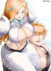  1boy 1girl absurdres bleach bleach:_sennen_kessen-hen breasts brown_eyes cleavage_cutout clothing_cutout detached_sleeves dress duffmox hand_on_another&#039;s_hip highres inoue_orihime kurosaki_ichigo long_hair one_eye_closed orange_hair short_hair sitting_on_shoulder smile white_dress 