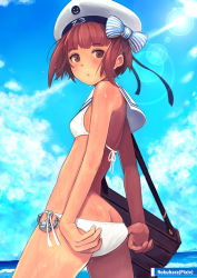 10s 1girl ass bikini blunt_bangs brown_eyes brown_hair butt_crack from_behind hat hat_ribbon kantai_collection looking_back ribbon rokuhara_(10687811) sailor_bikini sailor_collar sailor_hat short_hair solo swimsuit thighs white_hat z3_max_schultz_(kancolle)