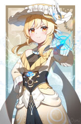  1girl alternate_costume blonde_hair breasts cleavage commentary_request doyagao dress feather_hair_ornament feathers frilled_dress frilled_hat frills genshin_impact gloves gradient_dress hair_between_eyes hair_ornament hand_on_own_hip hat highres kana_ami long_sleeves looking_at_viewer lumine_(genshin_impact) orange_eyes pointing pointing_at_viewer see-through see-through_cleavage short_hair short_hair_with_long_locks sidelocks smug solo sun_hat v-shaped_eyebrows white_gloves 