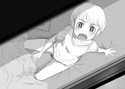  1girl after_masturbation arm_support blush caught fang female_focus female_masturbation female_pubic_hair from_above hagaa loli looking_at_viewer looking_up masturbation monochrome naked_shirt on_bed open_mouth original pubic_hair pussy_juice pussy_juice_trail shirt short_hair sitting solo t-shirt tareme tears tissue tissue_box voyeurism 