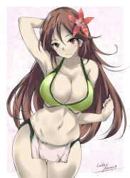  1girl adapted_costume amagi_(kancolle) artist_name bikini blush breasts brown_eyes brown_hair collarbone cowboy_shot dated flower gakky green_bikini hair_between_eyes hair_flower hair_ornament highres kantai_collection large_breasts leaf_hair_ornament long_hair looking_at_viewer mole mole_under_eye navel simple_background smile solo swimsuit white_background 