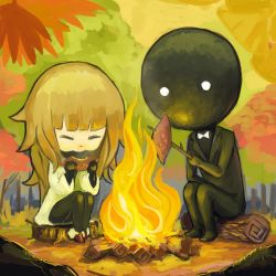  1girl ^_^ bald bonfire brown_hair closed_eyes deemo deemo_(character) eating closed_eyes fire food forest girl_(deemo) happy highres long_hair maxcaffy nature outdoors pantyhose sitting stick sweet_potato tree tree_stump 