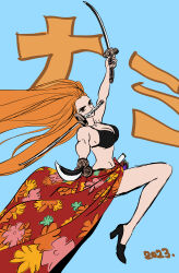  1girl 2023 absurdres aiming aiming_at_viewer bikini black_bikini black_footwear blue_background dated floral_print high_heels highres holding holding_sword holding_weapon katsumi_ishizuka long_hair looking_at_viewer nami_(one_piece) one_piece orange_eyes orange_hair sarong solo swimsuit sword very_long_hair weapon weapon_in_mouth 