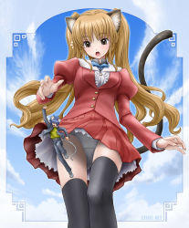  1girl animal_ears black_thighhighs blonde_hair blush brown_eyes cat_ears cat_girl cat_tail cloud eichikei_(hakuto) giant giantess mini_person miniboy mouse_boy mouse_ears mouse_tail orange_hair original panties pantyshot petticoat size_difference solo tail thighhighs twintails underwear upskirt  rating:Sensitive score:75 user:Hadrian
