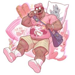 1boy audino bag bara beard character_request check_character creatures_(company) f_con facial_hair fangs fat fat_man game_freak gardevoir gen_1_pokemon gen_3_pokemon gen_5_pokemon glasses hairy hat highres humanization male_focus manly mature_male muscular muscular_male nintendo obese open_mouth pectorals pin pink_hair pokemon shirt shoes short_hair shorts simple_background slowbro socks solo stuffed_animal stuffed_toy teeth thick_arms thick_thighs thighs tight_clothes ugly_man very_hairy watch whimsicott white_background wigglytuff wristband wristwatch