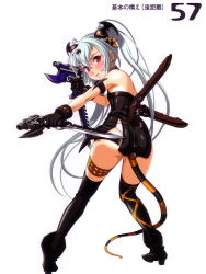 00s 1girl albino alice_(queen&#039;s_gate) from_behind full_body gun highres looking_back nishii_(damnedrive) nitroplus panties queen&#039;s_blade queen&#039;s_gate red_eyes simple_background solo thighhighs underwear weapon white_hair rating:Questionable score:17 user:danbooru