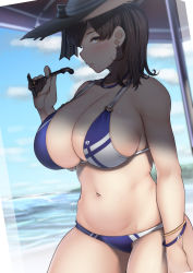  1girl absurdres beach beach_umbrella bikini blush bracelet breasts brown_hair curvy earrings hat highres huge_breasts jewelry kaga_(kancolle) kantai_collection konoshige_(ryuun) looking_at_viewer looking_to_the_side multicolored_bikini multicolored_clothes navel necklace outdoors shore solo stomach swimsuit thighs umbrella water waves  rating:Sensitive score:55 user:danbooru