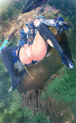  1girl after_rape aftersex anus bar_censor blue_hair blue_thighhighs boots breasts breasts_out censored cum cum_on_body defeat eula_(genshin_impact) female_focus full_body fumihiko_(fu_mihi_ko) genshin_impact highres knight large_breasts lying nipples on_back on_ground outdoors peeing rape saliva solo thigh_boots thighhighs tongue tongue_out torn_clothes  rating:Explicit score:379 user:Extrema