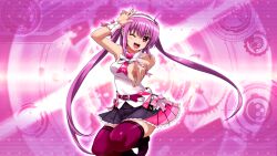  1girl bare_shoulders beatmania beatmania_iidx breasts goli_matsumoto hair_between_eyes long_hair medium_breasts mizushiro_celica non-web_source official_art one_eye_closed pink_eyes pink_hair pointing pointing_at_viewer purple_thighhighs skirt smile solo teeth thighhighs twintails upper_teeth_only 