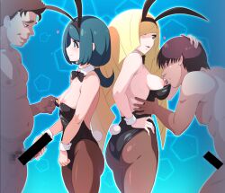 2boys 2girls :d animal_ears ass back bar_censor bare_shoulders black_eyes blonde_hair blue_eyes blue_hair blush bow bowtie breasts brown_hair brown_pantyhose censored cleavage clothed_female_nude_male completely_nude creatures_(company) detached_collar erection ero_kaeru fake_animal_ears freckles game_freak green_eyes hand_on_own_hip handjob heart hetero highres lana&#039;s_mother_(pokemon) licking licking_nipple long_hair lusamine_(pokemon) male_pubic_hair mosaic_censoring multiple_boys multiple_girls navel nintendo nipple_stimulation nude open_mouth pantyhose penis pokemon pokemon_(anime) pokemon_sm_(anime) ponytail pubic_hair rabbit_ears rabbit_tail small_breasts smile tail wrist_cuffs rating:Explicit score:88 user:danbooru