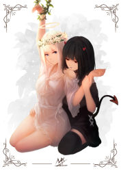  2girls arm_up artist_name bare_shoulders black_choker black_dress black_hair black_legwear blue_eyes breasts choker closed_mouth clothing_cutout commentary demon_girl demon_horns demon_tail dress expressionless floral_background flower_wreath full_body halo head_wreath highres holding_another&#039;s_wrist horns long_hair medium_breasts multiple_girls off-shoulder_dress off_shoulder original parted_lips plant red_eyes shimmer short_sleeves shoulder_cutout signature sitting symbol-only_commentary tail thighhighs vines white_dress white_hair yokozuwari yuri zettai_ryouiki  rating:Sensitive score:22 user:danbooru