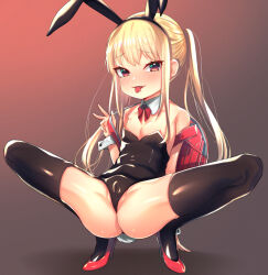  1girl arm_support ass backpack bag bare_shoulders black_leotard black_thighhighs blonde_hair blush cleft_of_venus detached_collar female_focus full_body high_heels highres horonamin leotard loli looking_at_viewer original partially_visible_vulva playboy_bunny randoseru red_eyes red_footwear sidelocks simple_background solo spread_legs squatting thighhighs tongue tongue_out twintails v 