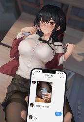 1boy 1girl absurdres ahoge azur_lane bespectacled black_bow black_bowtie black_hair black_jacket black_pantyhose black_skirt blush bow bowtie bra_visible_through_clothes breasts cellphone chat_log chinese_commentary chinese_text closed_mouth collared_shirt glasses hetero highres holding holding_phone indoors jacket large_breasts long_hair long_sleeves looking_at_viewer lying miniskirt on_back on_table open_clothes open_jacket pantyhose phone pleated_skirt pov red_eyes rimless_eyewear rodriguez_(kamwing) school_uniform selfie shirt skirt smartphone smile solo_focus table taihou_(azur_lane) taihou_(sweet_time_after_school)_(azur_lane) thighband_pantyhose translation_request white_shirt rating:Sensitive score:62 user:danbooru