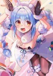  &gt;_&lt; 1girl :d absurdres animal_ear_fluff animal_ears arms_up black_gloves black_leotard black_pantyhose blue_hair braid breasts bridal_garter carrot_hair_ornament cleavage clothing_cutout coat coat_dress commentary creature detached_sleeves don-chan_(usada_pekora) extra_ears food-themed_hair_ornament fur-trimmed_coat fur-trimmed_gloves fur_scarf fur_trim gloves hair_between_eyes hair_ornament highres hikimayu hololive legs_up leotard leotard_under_clothes long_hair mary_janes medium_breasts midair mile_t0r0 multicolored_hair open_mouth orange_eyes pantyhose parted_hair pekomon_(usada_pekora) playboy_bunny puffy_detached_sleeves puffy_short_sleeves puffy_sleeves rabbit rabbit-shaped_pupils rabbit_ears rabbit_girl rabbit_pose rabbit_tail red_eyes scarf shoes short_eyebrows short_sleeves sidelocks signature smile solo strapless strapless_leotard symbol-shaped_pupils tail thick_eyebrows twin_braids twintails two-tone_hair underboob_cutout usada_pekora usada_pekora_(1st_costume) virtual_youtuber white_coat white_footwear white_hair white_scarf white_sleeves 