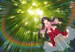  1girl absurdres bamboo bamboo_forest barefoot black_hair devilkillerx forest highres houraisan_kaguya long_skirt nature pink_shirt red_eyes shirt skirt solo suspenders touhou touhou_lost_branch_of_legend wide_sleeves 