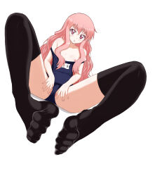  1girl black_thighhighs blush feet highres hisaku111 long_hair looking_at_viewer louise_francoise_le_blanc_de_la_valliere one-piece_swimsuit parted_lips pink_eyes pink_hair pussy pussy_peek school_swimsuit spread_pussy swimsuit thighhighs toes zero_no_tsukaima 