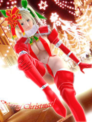  1girl 3d blonde_hair blue_eyes boots breasts christmas covered_erect_nipples elbow_gloves female_focus gloves incise_soul large_breasts lights m-rs ribbon rukia_(incise_soul) santa_costume slingshot_swimsuit solo swimsuit twintails  rating:Questionable score:30 user:danbooru