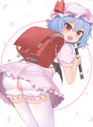  1girl absurdres anus ass backpack bag bat_wings bloomers blue_hair braid cleft_of_venus commentary_request crime_prevention_buzzer crossed_bangs crotchless crotchless_bloomers dress fang flute frilled_dress frills from_behind grey_hair harunoha hat heart highres holding holding_flute holding_instrument instrument izayoi_sakuya loli looking_at_viewer mob_cap open_mouth pink_dress puffy_short_sleeves puffy_sleeves randoseru recorder red_eyes red_ribbon remilia_scarlet ribbon short_hair short_sleeves thighhighs touhou underwear variant_set white_thighhighs wings  rating:Explicit score:39 user:danbooru