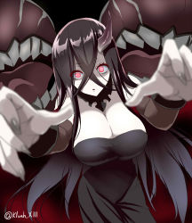 10s 1girl abyssal_ship bare_shoulders battleship_water_oni black_dress black_hair blurry breasts cleavage collarbone cowboy_shot crossed_bangs depth_of_field dress eyelashes eyes_visible_through_hair female_focus fingernails foreshortening glowing glowing_eyes grey_nails highres horns huge_breasts incoming_hug incoming_kiss kantai_collection kloah large_breasts long_hair looking_at_viewer nail_polish pale_skin parted_lips reaching reaching_towards_viewer red_eyes sharp_fingernails single_horn solo strapless strapless_dress twitter_username very_long_hair rating:Sensitive score:73 user:danbooru