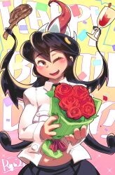  1girl birthday black_hair blush bouquet confetti cup drinking_glass filia_(skullgirls) flower food gradient_background happy_birthday highres holding long_hair navel necktie one_eye_closed open_mouth pink_background pleated_skirt prehensile_hair red_eyes ryuji_(red-truth) samson_(skullgirls) school_uniform skirt skullgirls smile solo sparkle steak tomahawk_meat tongue tongue_out upper_body wine_glass yellow_background 