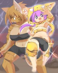  1girl :d animal_hood belt bike_shorts black_shorts blush breasts brown_belt clenched_hand commentary_request fang full_body furry furry_female hair_between_eyes highres hood large_breasts lets0020 long_hair looking_at_viewer medium_bangs midriff navel open_mouth original shorts smile tiger_girl tiger_hood transformation 