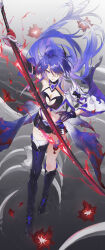  1girl absurdres acheron_(honkai:_star_rail) arm_up asymmetrical_footwear asymmetrical_gloves black_collar black_gloves black_shorts boots breasts cleavage closed_mouth coat collar collarbone commentary_request electricity floating_hair flower full_body gloves hair_over_one_eye highres holding holding_sword holding_weapon honkai:_star_rail honkai_(series) katana long_hair looking_at_viewer mismatched_gloves purple_eyes purple_hair red_flower red_gloves ripples shorts skeleton solo swkl:d sword thigh_boots very_long_hair weapon white_coat 