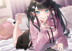 1girl :d absurdres ass barefoot bed bed_sheet bedroom black_hair black_nails black_ribbon black_skirt blunt_bangs blush breasts commentary_request eyelashes face fang feet feet_up fingernails foreshortening grin hair_ornament highres indoors kuromi large_breasts legs_up lips long_fingernails long_hair long_sleeves looking_at_viewer lying medium_breasts mirea multicolored_nails nail_art nail_polish no_shoes on_bed on_stomach onegai_my_melody open_mouth original pillow pink_nails pink_shirt red_lips revision ribbon sanrio shirt sidelocks single_sock skirt smile socks soles solo teeth the_pose toes twintails v_over_mouth white_socks x_hair_ornament  rating:Sensitive score:34 user:danbooru