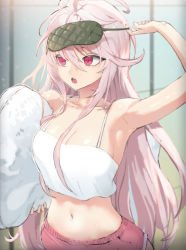 1girl :o ahoge arm_up armpits breasts camisole cleavage collarbone dolphin_shorts emily_(last_origin) highres holding holding_pillow last_origin long_hair looking_afar medium_breasts navel pillow pink_eyes pink_hair pink_shorts ringed_eyes rlrlrlfl1 shorts sleep_mask solo straight_hair tile_wall tiles very_long_hair white_camisole rating:Sensitive score:18 user:danbooru