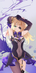  1girl absurdres arms_up bird black_pantyhose black_thighhighs blonde_hair bodystocking bow bowtie breasts covered_navel crow dated dress ejieaa expressionless eyepatch fischl_(genshin_impact) frilled_dress frills genshin_impact gloves green_eyes half-closed_eye highres open_clothes open_dress oz_(genshin_impact) pantyhose see-through single_thighhigh sleeveless sleeveless_dress solo sparkle thighhighs twintails  rating:Sensitive score:22 user:danbooru
