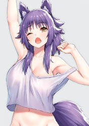 1girl ;o animal_ear_fluff animal_ears arm_up armpits bare_arms bare_shoulders breasts cleavage commentary_request crop_top crop_top_overhang grey_background groin hand_up large_breasts long_hair looking_at_viewer makoto_(princess_connect!) navel one_eye_closed open_mouth pensuke princess_connect! purple_hair shirt simple_background sleeveless sleeveless_shirt solo stomach strap_slip tail tearing_up upper_body white_shirt wolf_ears wolf_girl wolf_tail yellow_eyes rating:Sensitive score:33 user:danbooru