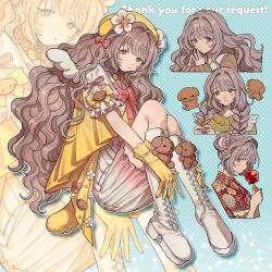  &gt;_&lt; 1girl ;o absurdres aoi_(yooo009) beret blush boots braid brown_hair candy_apple closed_mouth cross-laced_footwear dog english_text flower food frills full_body gloves hair_intakes hair_ornament hat highres holding holding_food japanese_clothes kimono knee_boots long_hair looking_at_viewer multiple_views non-web_source one_eye_closed original portrait profile puffy_sleeves ribbon shoes sitting skirt tearing_up very_long_hair wavy_hair white_footwear wings yellow_eyes yellow_gloves yukata 