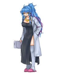  1girl ahoge black_dress blue_hair breasts cleavage clothing_cutout coat collarbone covered_navel dress fate/extra fate_(series) glasses gold_necklace hand_in_pocket hans_christian_andersen_(fate) highres jewelry lab_coat large_breasts leg_cutout long_hair messy_hair multicolored_hair necklace orange_eyes original overcoat pink_hair pink_slippers ponytail sessyoin_kiara shiny_skin slippers steamingtofu streaked_hair tablet thighhighs tight_clothes tight_dress very_long_hair wavy_hair white_background  rating:Sensitive score:9 user:RoscoePColeslaw
