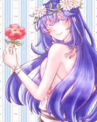  1girl armlet armpits artist_request back backless_dress backless_outfit bare_shoulders blonde_hair blue_eyes blush bracelet breasts cleavage clenched_hand collarbone dress fire_emblem fire_emblem_awakening fire_emblem_heroes flower from_behind hair_between_eyes hand_up happy highres holding holding_flower intelligent_systems jewelry long_dress long_hair looking_at_viewer looking_back lucina_(fire_emblem) lucina_(valentine)_(fire_emblem) matching_hair/eyes neck nintendo no_bra official_alternate_costume rope_belt shoulder_blades side_slit sidelocks sleeveless sleeveless_dress smile standing sundress symbol_in_eye turning_head white_dress 