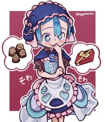  1boy apron artist_name blue_capelet blue_corset blue_eyes blue_hair blush border box box_of_chocolates capelet chocolate corset cowboy_shot food frilled_apron frilled_hairband frills hairband kingjoshua made_in_abyss maid maid_apron maid_headdress maruruk outline pouch puffy_short_sleeves puffy_sleeves red_background short_hair short_sleeves solo standing twitter_username whistle whistle_around_neck white_apron white_border white_outline yellow_pupils 