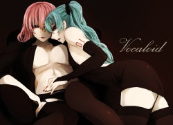 2girls breasts bridal_gauntlets copyright_name earrings genyaky green_hair hatsune_miku highres jewelry megurine_luka multiple_girls nail_polish red_hair small_breasts vocaloid yuri rating:Questionable score:18 user:danbooru