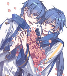  2boys ;) blue_eyes blue_hair blue_nails blush eyebrows flower holding_hands kaito_(vocaloid) kaito_(vocaloid3) looking_to_the_side male_focus multiple_boys nail_polish one_eye_closed simple_background smile vocaloid white_background witchonly 